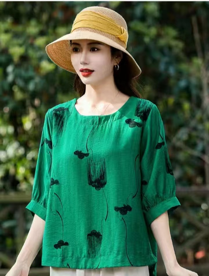 Cross-border nueva camiseta de mujer china impresa de manga media camiseta de mujer de verano camiseta de base de cuello redondo artística ocio image 3