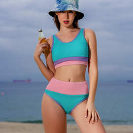 2024新款欧美分体泳衣女性感条纹拼色运动风背心亚马逊外贸bikini
