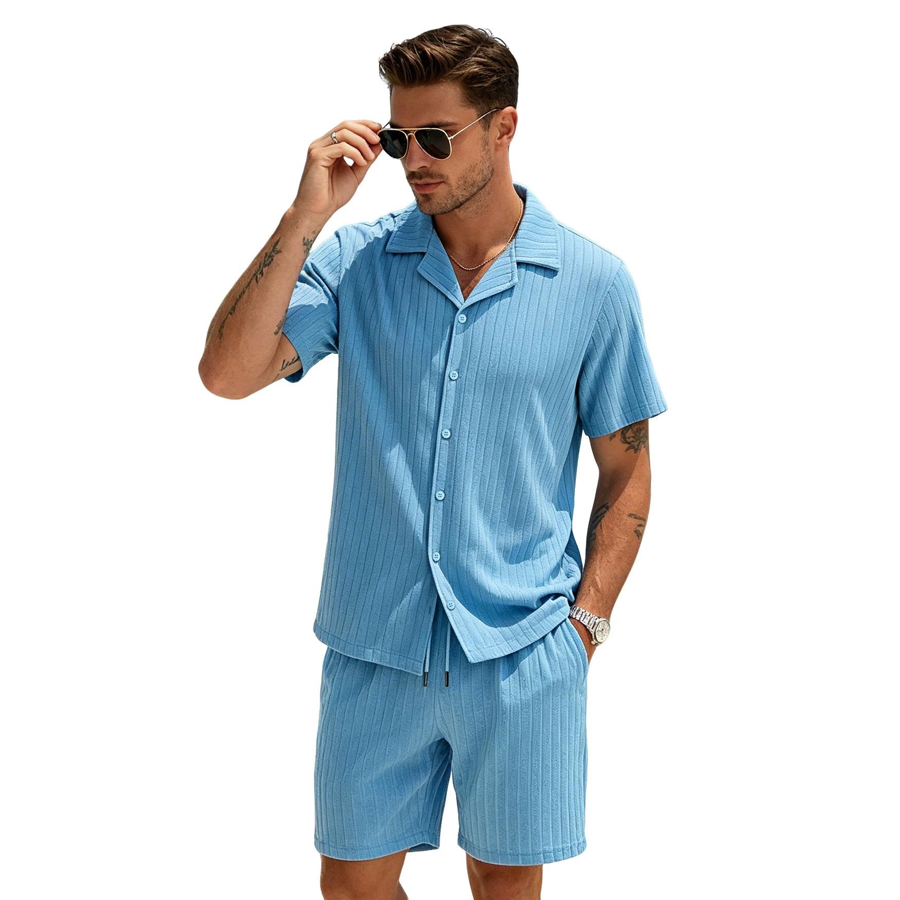 Transfronterizos eBay rayas verticales camisa de collar sólido chaqueta de playa vacaciones de verano americano transpirable mangas cortas pantalones cortos