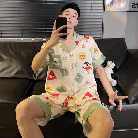 Ice Silk Pajamas Men's High-end Summer Short-sleeved Shorts Cartoon plus size Teenager Fashion Brand Outer Wear Home Clothes suit