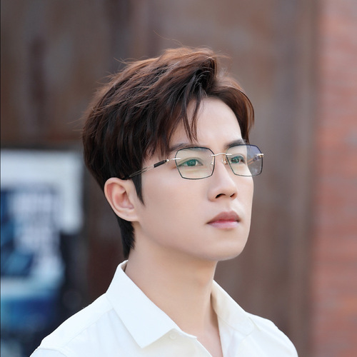 新款时尚多边无框金属老花镜高清防蓝光抗疲劳眼镜男士变色平光镜