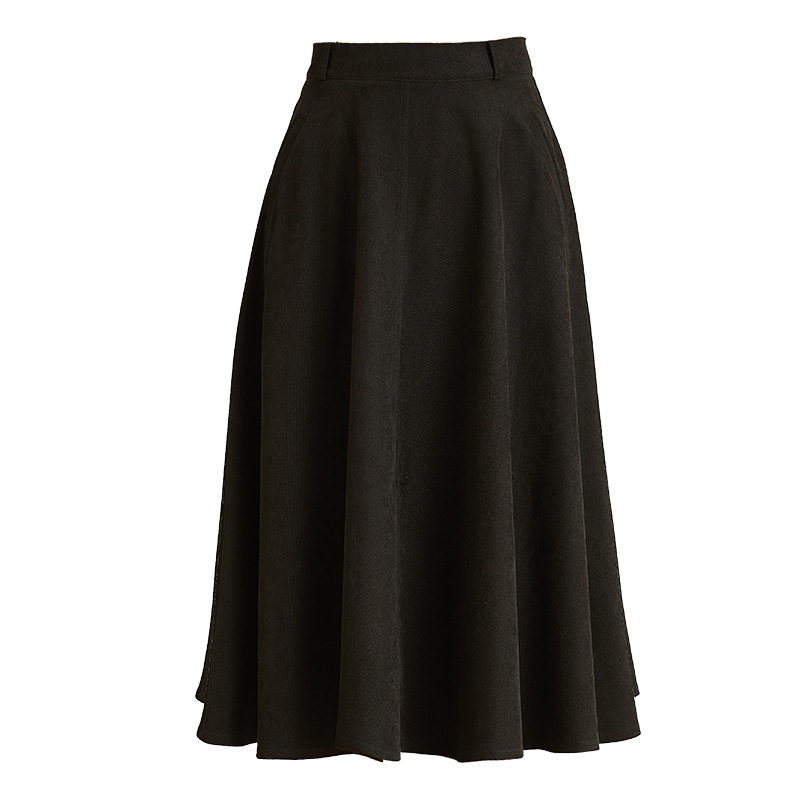Váy midi chữ A cạp cao đen vintage, dáng suông che hông — Màu đen