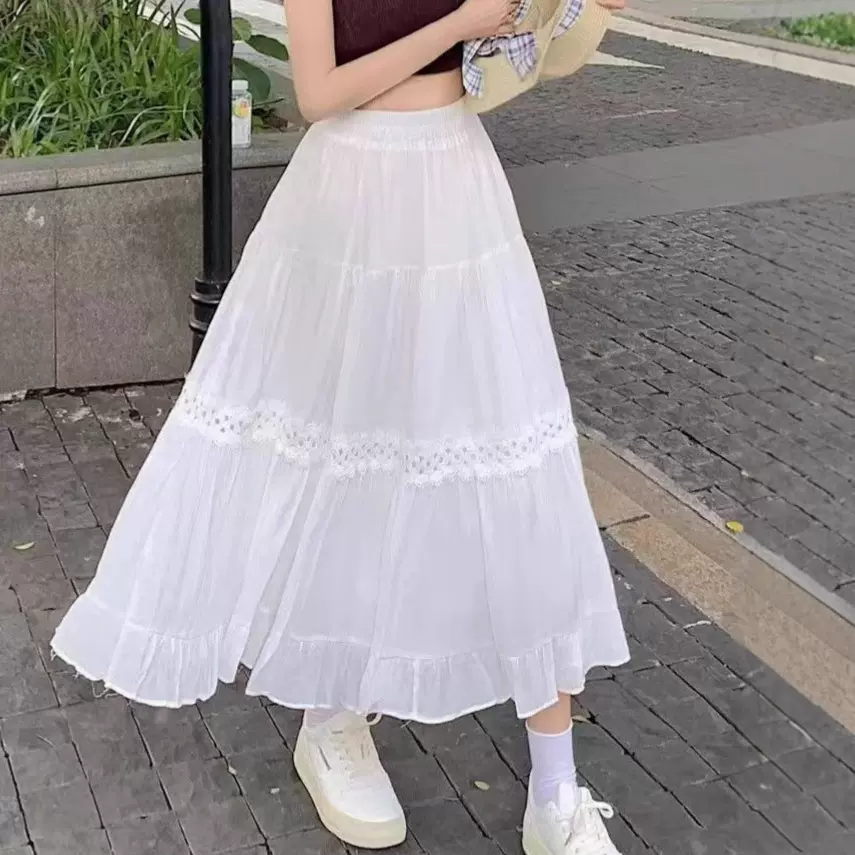 韩版高腰A字裙春夏季蕾丝花边拼接中长款半裙设计感半身裙可扎染