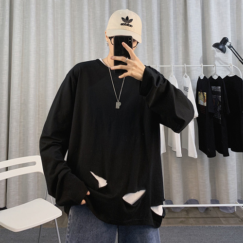 Spring and Autumn Season Ins Long Sleeve T-Shirt Korean Style Men's Trendy Loose Round Neck Student Hole Bottom Shirt BF Top