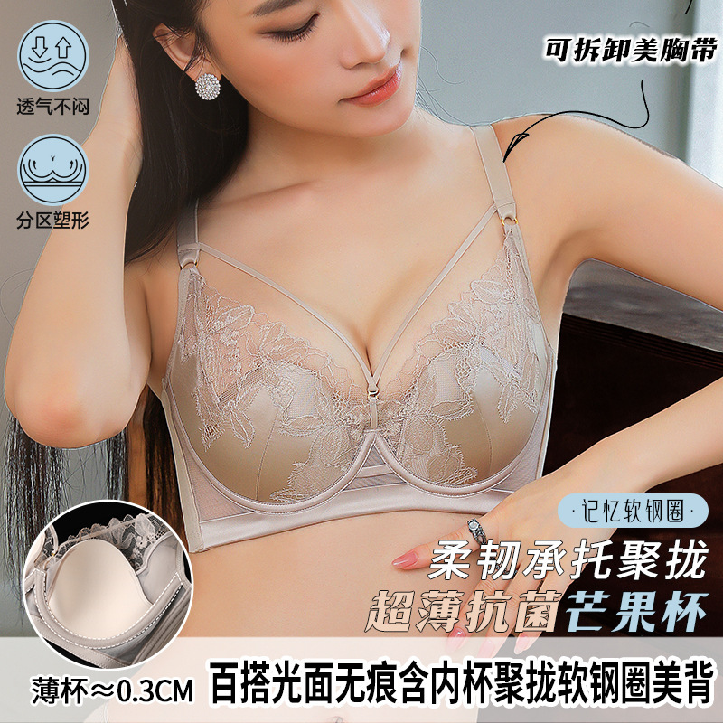 3366 Sexy Eyelash Lace Lingerie with Breast Support, Anti-Sagging, Side Breast Reduction, Big Bust Slimming, Adjustable Bra