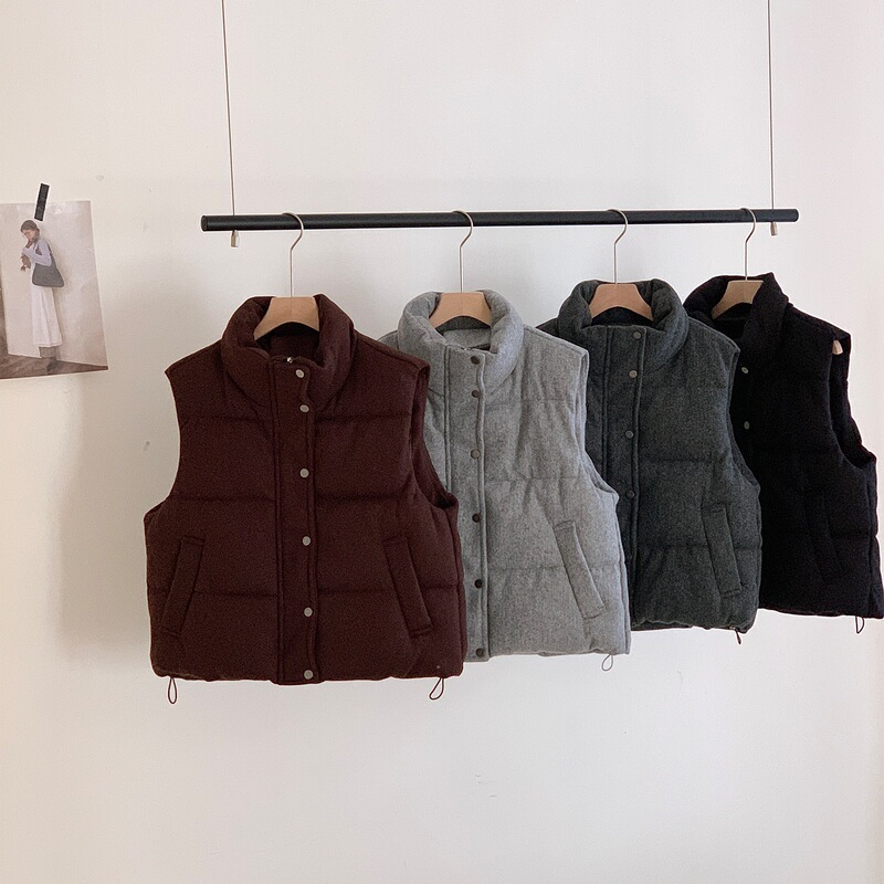 Autumn and winter woolen stand-up collar down cotton vest for women, short style, single-breasted, with drawstring hem, sleeveless layered vest