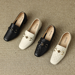 頭層牛皮樂福鞋女真皮單鞋低跟粗跟圓頭豬皮內里軟底軟皮2023春款