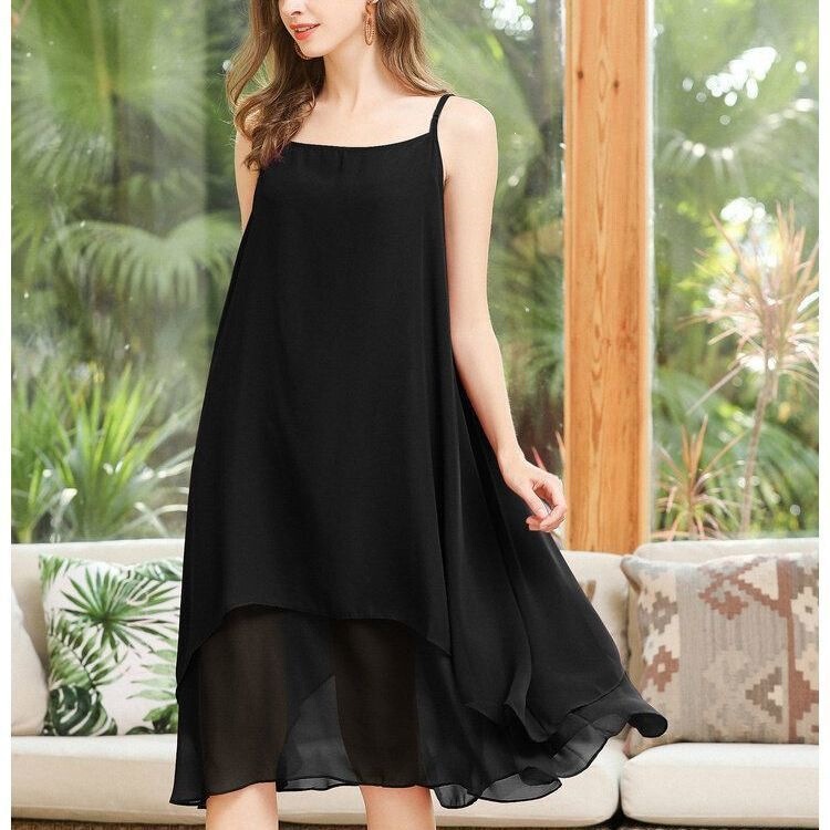 Plus Size Women's New Solid Color Chiffon Loose Double-Layered Flowing Slimming Irregular Sleeveless Strap Dress Long Dress Plus Size Women's New Solid Color Chiffon Loose Double-Layered Flowing Slimming Irregular Sleeveless Strap Dress Long Dress