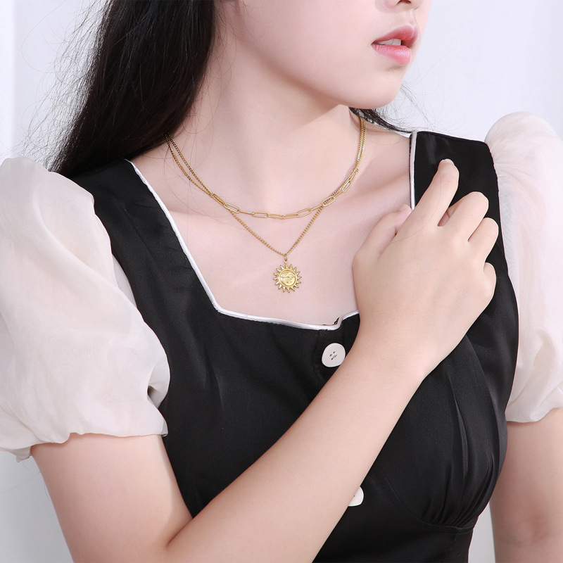 Daily Occasion 304 Stainless Steel Material Sun Pattern PVD Coated 18K Gold Plated Sun Titanium Steel Fashion Waterproof Non Tarnish 304 Stainless Steel Necklace