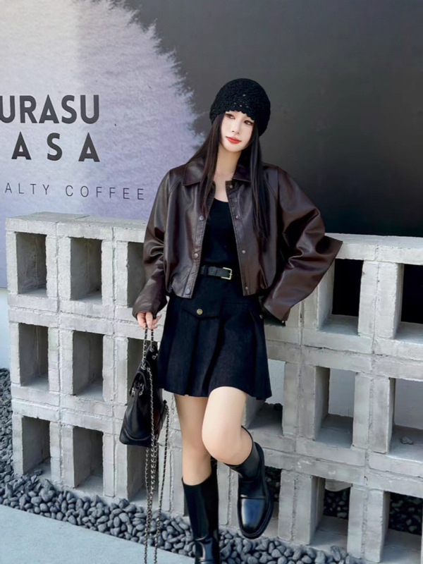 港风复古深咖蝙蝠袖皮衣外套女2025春秋新款时髦炸街短款pu皮夹克|undefined