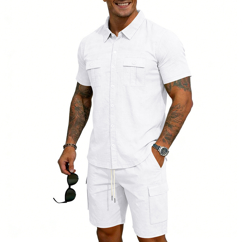 Men's Summer Linen Shirt And Work Shorts Set Casual Sports Outdoor Loose Fit Short Sleeved Collared Suit_viptrois.com