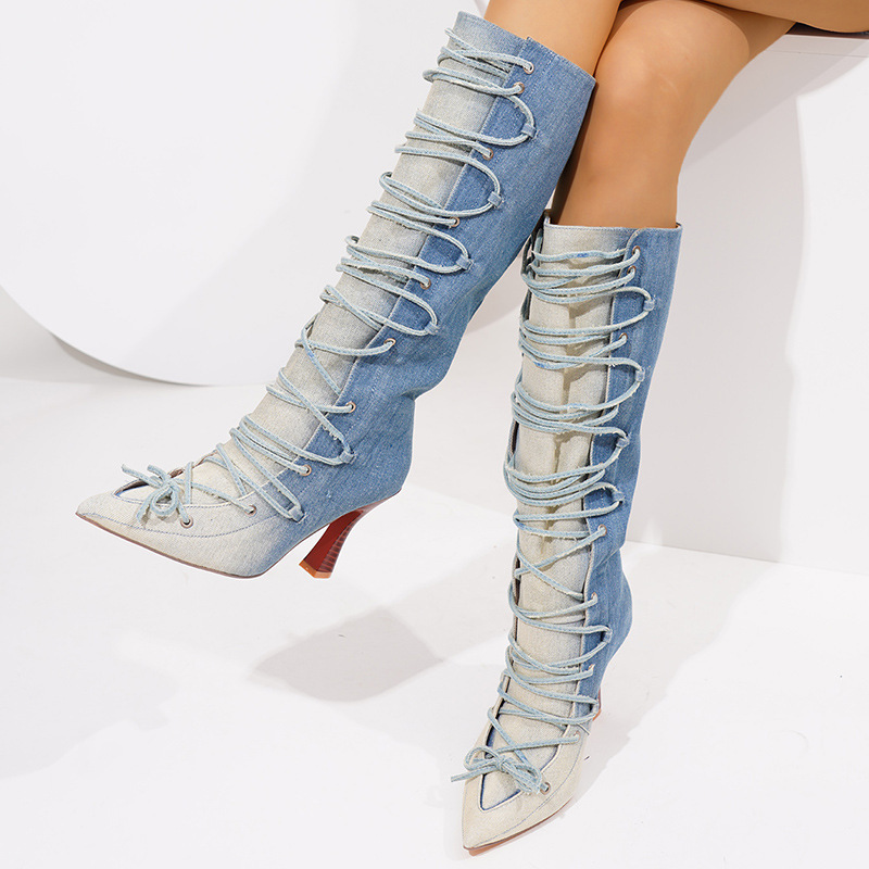 European and American Foreign Trade Pointed Toe Stiletto High Boots Lace-Up Cowboy Boots Large Size Catwalk Beauty Pageant Fashion Calf Boots