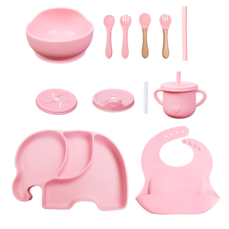 Conjunto de cubiertos para niños tazón de alimentos suplementarios platos de silicona tazón de cuchara de tenedor bib taza de agua de grado alimenticio para bebés alimentación suplementaria