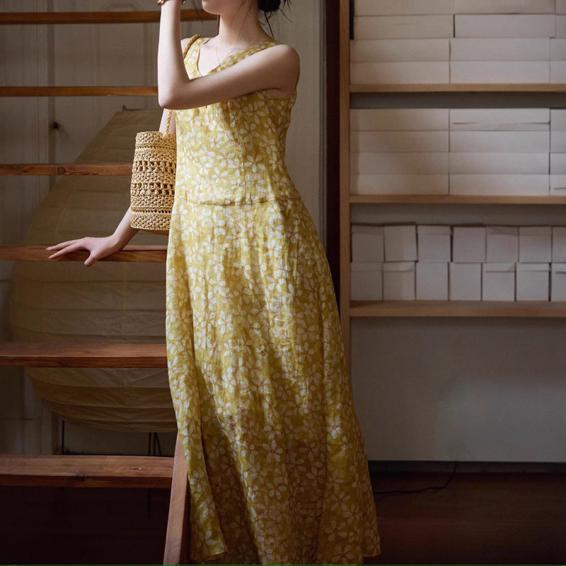 Natural Style Ramie Painted Printed Elegant Sleeveless Vest dress French Style Women's Summer Skirt