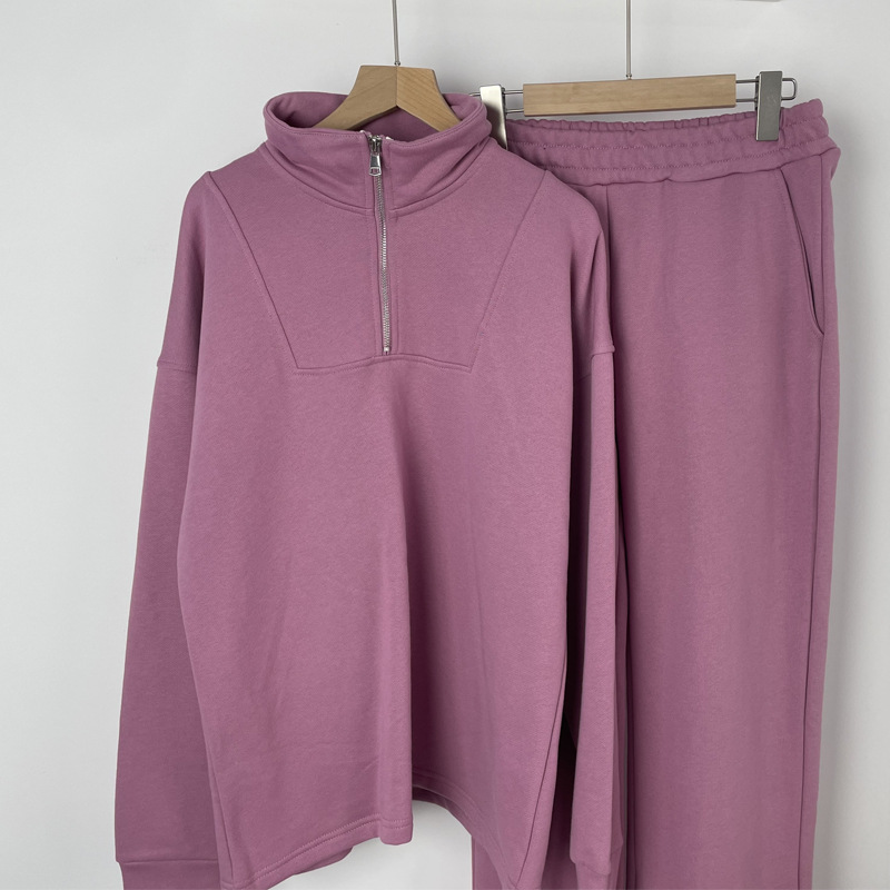 Vêtements pour femmes, sweat-shirt en coton de couleur unie, combinaison à fermeture éclair et pantalon de sport ample en velours pour femmes_voghion.com