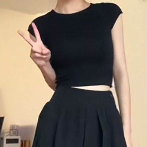 法式赫本风套装黑色修身显瘦T恤女夏季高腰半身裙长裙子两件套|undefined