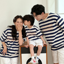 韩版洋气短袖T恤亲子装2024夏季高端宽松洋气一家三四口家庭装短T