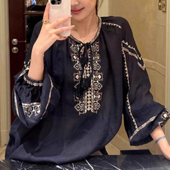 乱麻条法式独特大方得体高级感上衣藏青色灯笼袖衬衫女2025秋新款