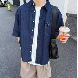 跨境夏季新款韩系复古工装蓝色牛仔短袖衬衫男女宽松情侣衬衣外套