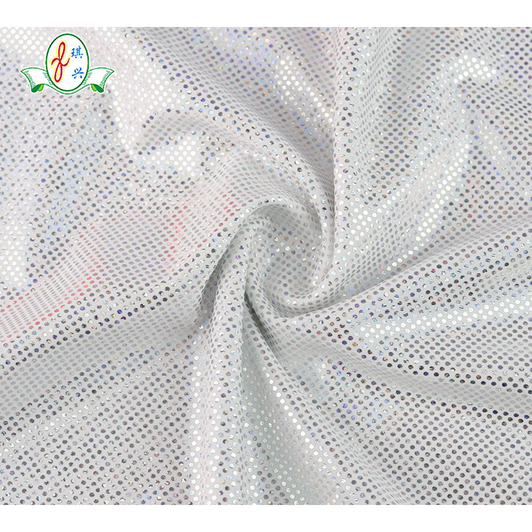 厂家锦纶半光烫金镭射针织面料印花弹力泳布酸性幻彩表演服饰闪亮