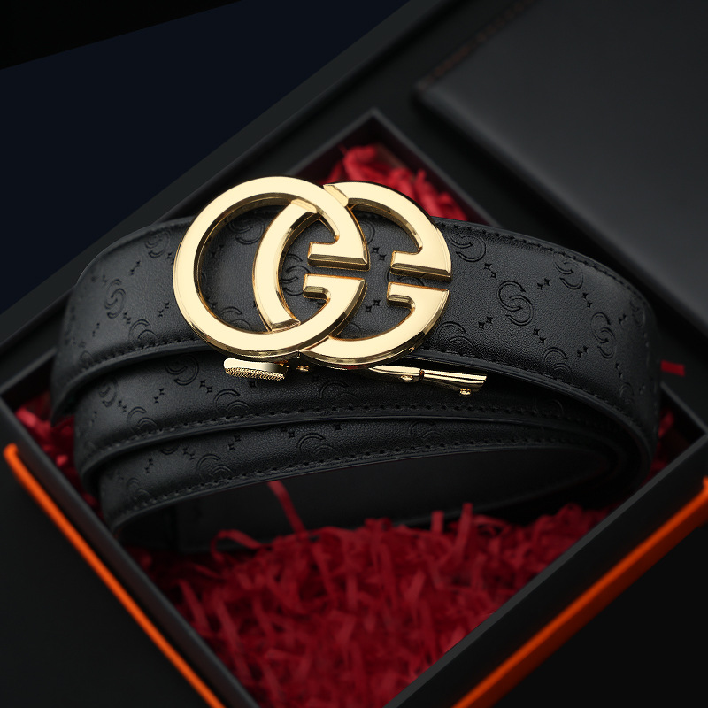 Caja de regalo de madera maciza para hombres cinturón de hebilla automático versátil casual regalo de lujo ligero cinturón de piel de vaca de dos capas entrega de una pieza