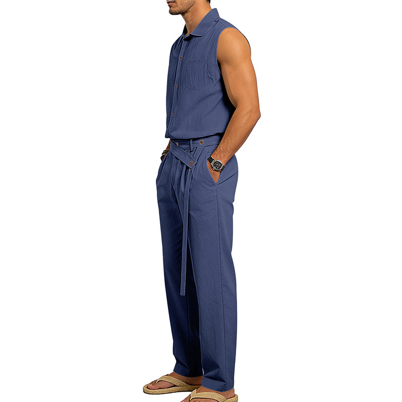 Men's Linen Blend Short Sleeve Shirt And Pants Set Breathable Casual Summer Outfit Comfortable Relaxed Fit_viptrois.com