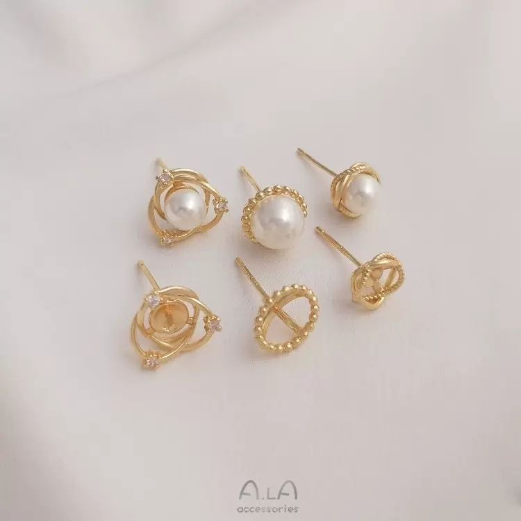 14K包真金保色半孔珍珠托耳钉空托耳针diy手工粘珍珠耳饰配件材料