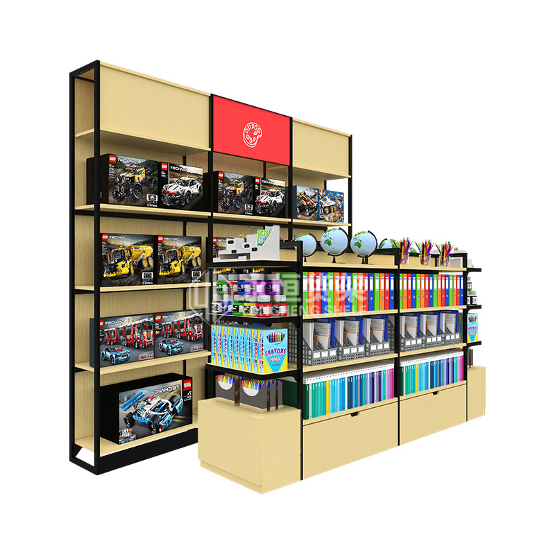 Estante de papelería supermercado bolígrafo estante especial de luz de la mañana librería multifuncional acero madera doble cara estante de exhibición de la isla media Gabinete de exhibición