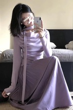 法式紫色长袖半身连衣裙子女秋冬季年新款深秋初冬穿搭一整套