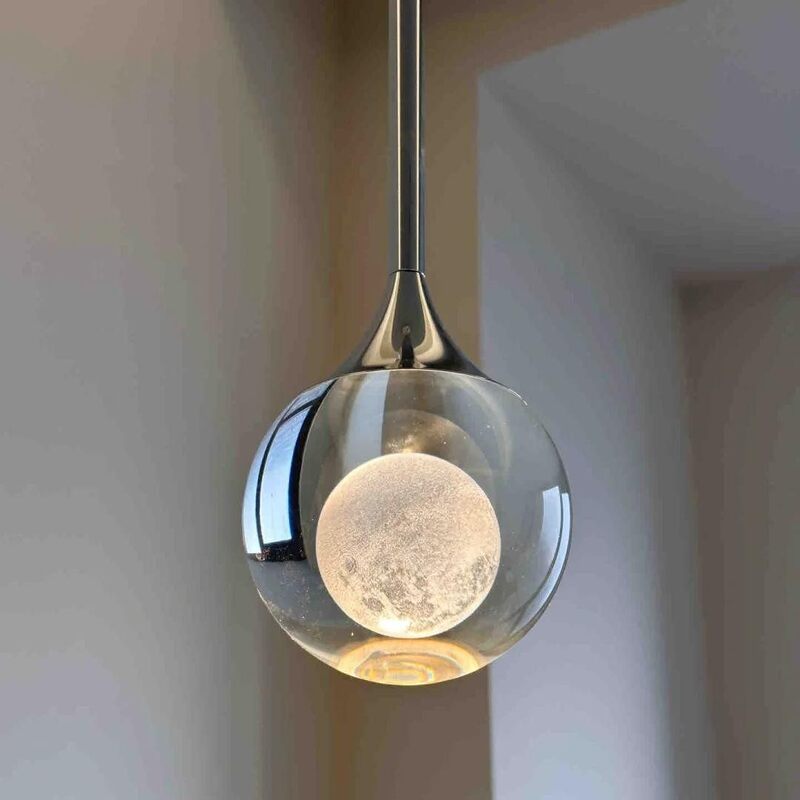 Moon-Shaped Bedroom Bedside Pendant Light, Creative and Unique Crystal Light for Entryway and Hallway, High-End Bar Counter Hanging Light Fixture