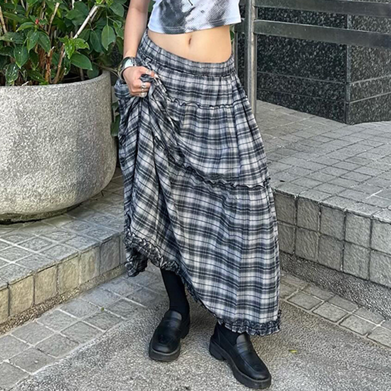 欧美学院风格纹撞色不规则少女半身裙复古低腰百搭显瘦休闲中长裙|undefined