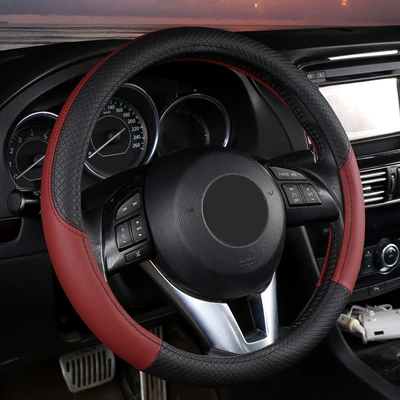 non-slip breathable leather handle cover | Steering wheel cover - superior-black-wine-red-38cm