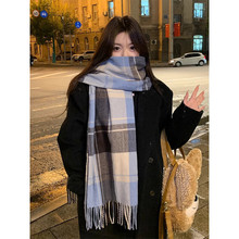 韩版高级感格子围巾女秋冬情侣休闲百搭学生礼物保暖围脖披肩蓝色