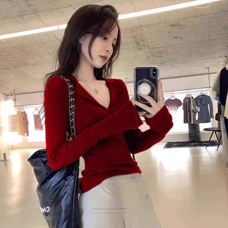 Ankora Red Polo Collar Knitwear for Women 2024 Autum New French Style Bottoming Shirt with Long-Sleeved Top