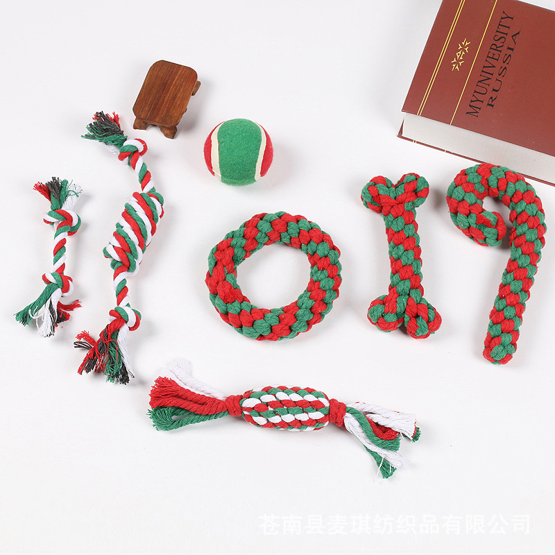 Juguetes para mascotas, serie navideña, juego combinado navideño en stock, juguetes de cuerda de algodón para la limpieza de dientes y la mordida, juguetes para perros al por mayor.
