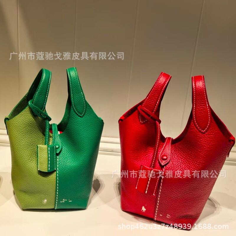 Cross-border foreign trade, Ralph Polo color-blocked tote bag, lychee-patterned cowhide, large capacity, hand-held bucket bag, crossbody bag Cross-border foreign trade, Ralph Polo color-blocked tote bag, lychee-patterned cowhide, large capacity, hand-held bucket bag, crossbody bag