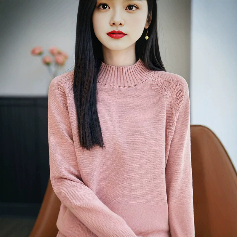 2026 pure cotton non-pilling raglan half-high collar base shirt for women, new loose-fitting long-sleeve knit sweater 2026 pure cotton non-pilling raglan half-high collar base shirt for women, new loose-fitting long-sleeve knit sweater