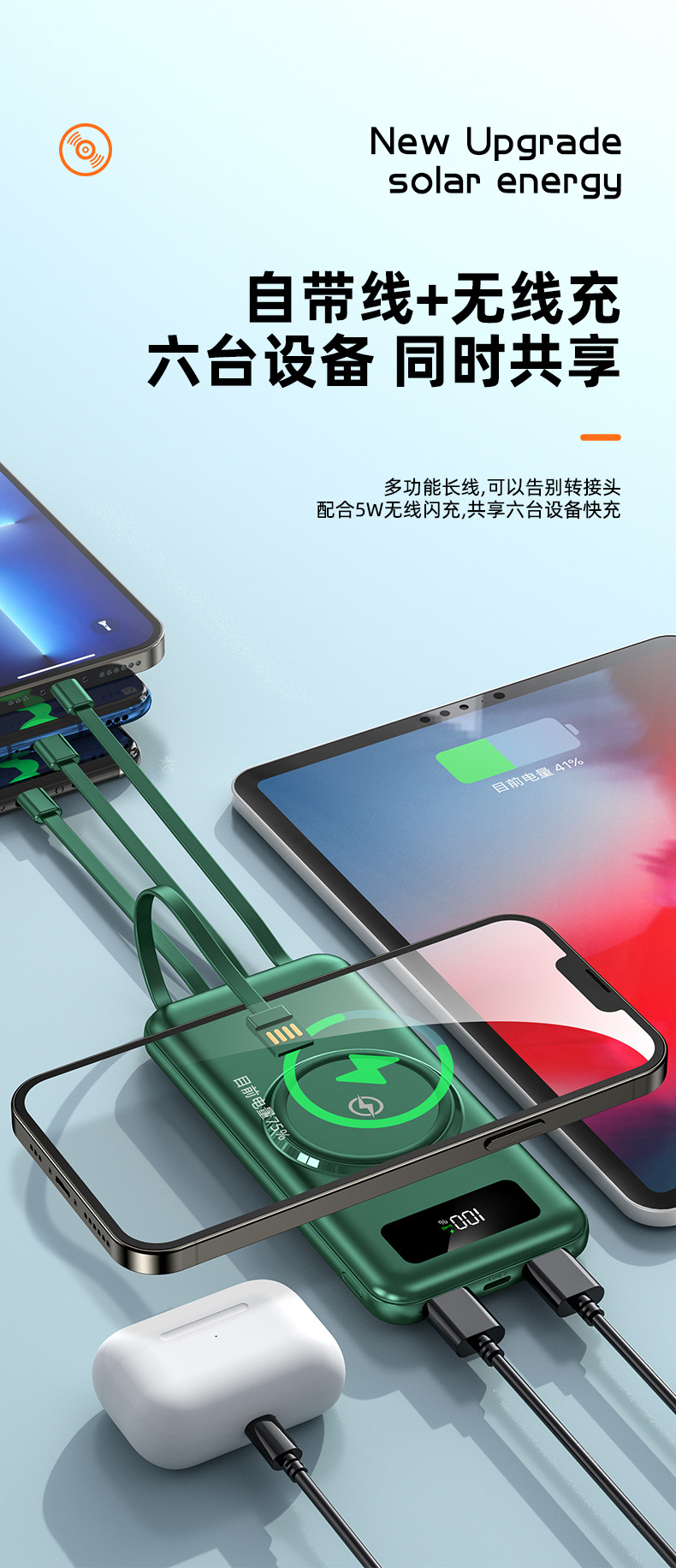 20,000 mAh super large capacity wireless charging portable mobile power bank with built-in cable - cross-border new model.