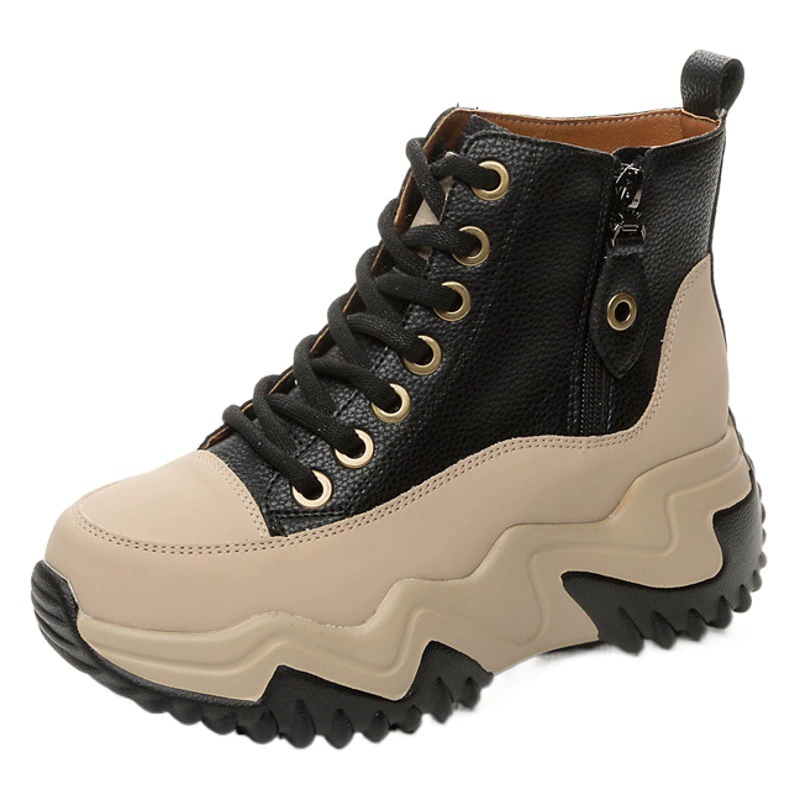 Новые осенние повседневные ботинки на шнуровке с увеличенной высотой, на толстой подошве и модном танкетке с цветовыми блоками для женщин небольшого роста, коллекция 2025 года