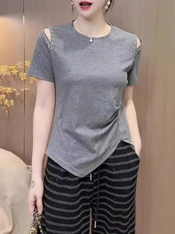 フレンチハイエンドイレギュラーオフショルダートップス夏大きいサイズファットmmシックな着用ルーズカバーTシャツ|undefined