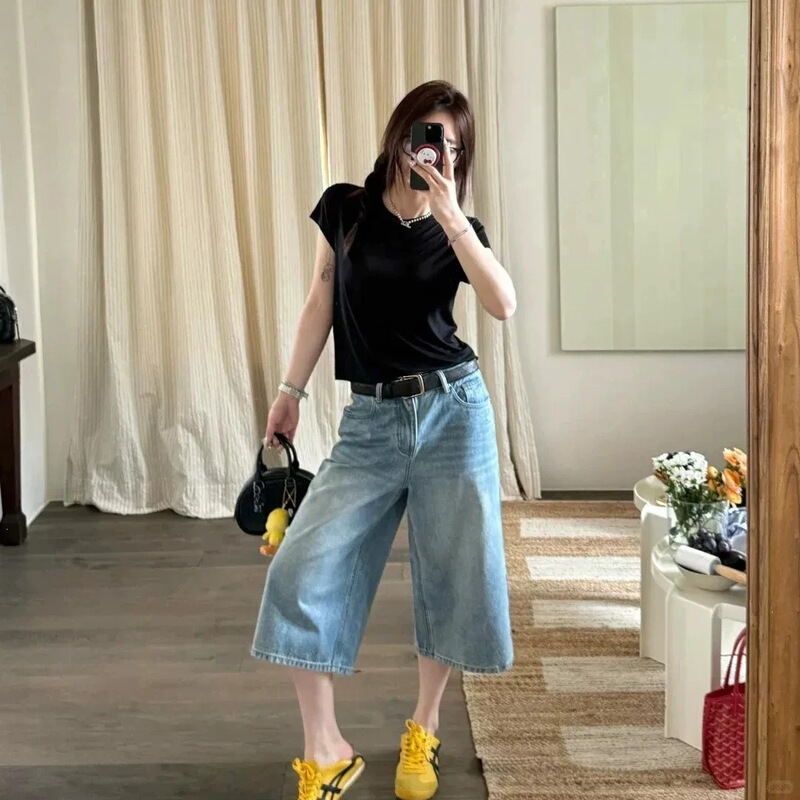 Retro cream-colored, seven-eighths length wide-leg denim pants for women, versatile and slimming, style 7565