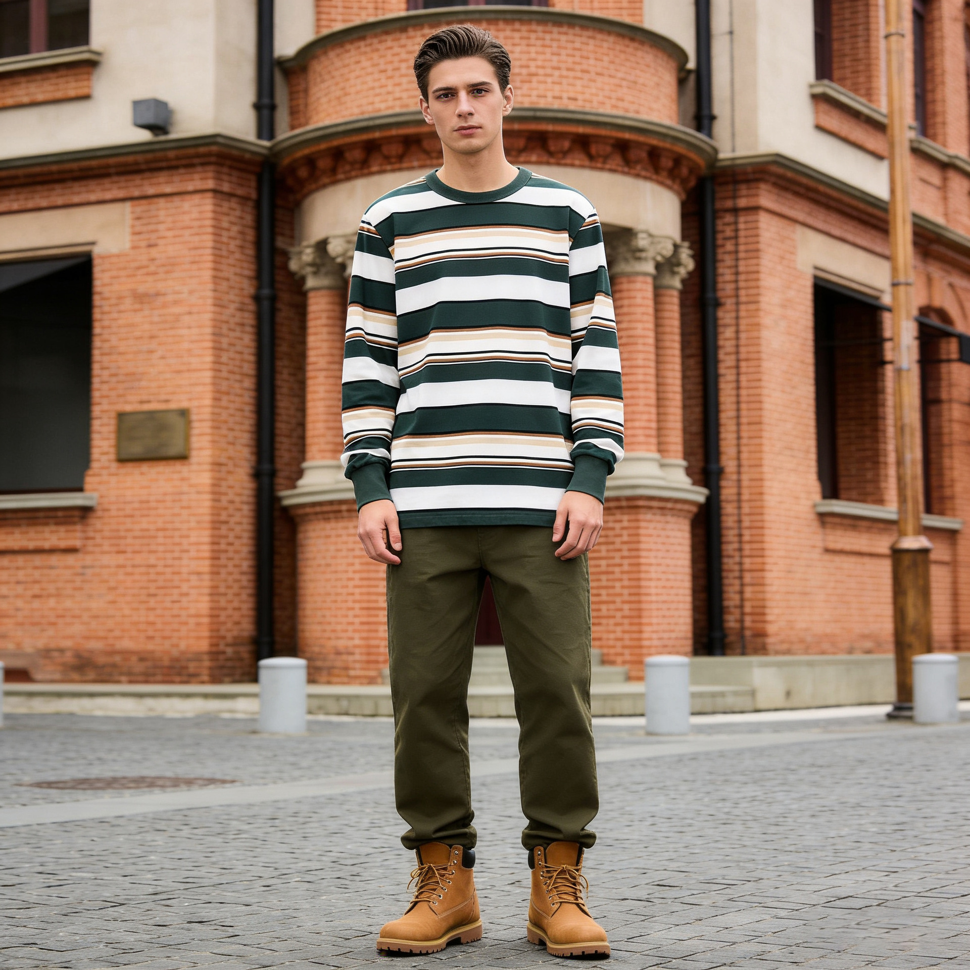 Nuevo OKONKWO 280g grueso pesado cuello redondo hombres camiseta Sea Spirit camisa a rayas de manga larga Camiseta