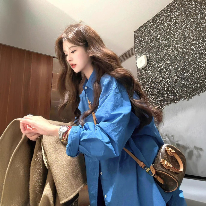 Korean-Style High-End Blue Shirt Jacket for Women, Spring Season, Loose Long-Sleeve, Stylish and Super Attractive, Lazy Style Shirt Top