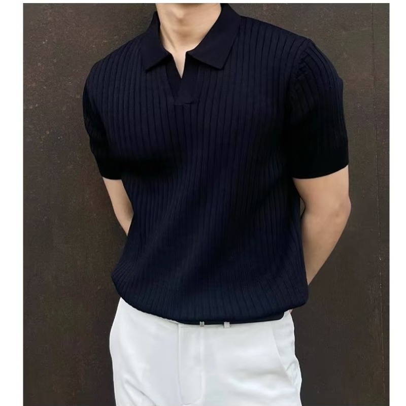 Hombre polo de manga corta de moda coreana camiseta de solapa para hombre 2025 verano delgada camiseta de punto de color sólido versátil