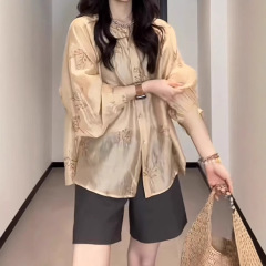 2025 風に自由なテンセルリネン気質ライトラグジュアリーファッション多用途トレンディな女性の春夏プリントシャツ