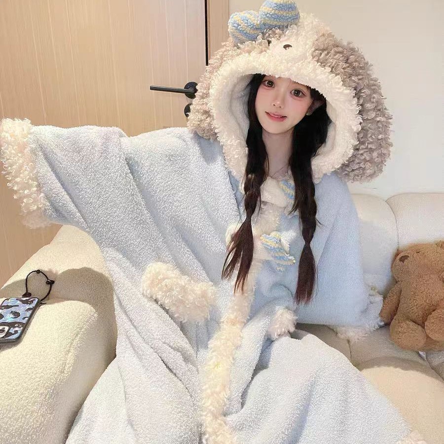 2025 Winter Sweet and Cute Soft Cute Puppy Hooded Coral Velvet Nightgown Women's Winter Warm Home Clothes