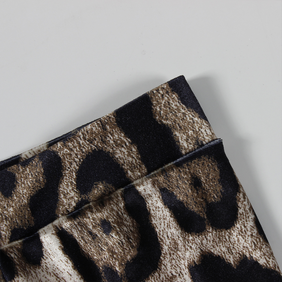Fall Leopard Splicing Slim Fit Sexy Sexy Cropped Long Sleeve Top Trousers Two Piece Sets