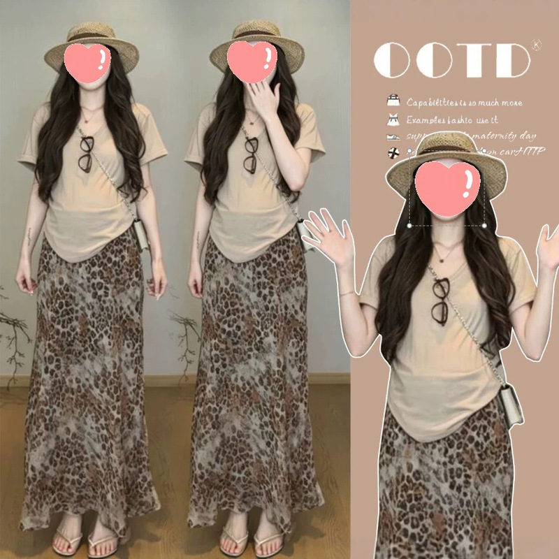 2026 Summer New Short-Sleeved T-Shirt + Leopard Print Cake Skirt, Fashionable and Slimming Two-Piece Set for Pregnant Women
