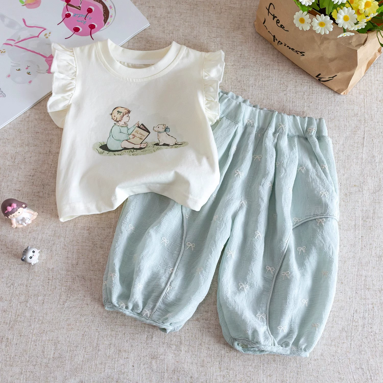Кремовая comfortable милый женский/девочка футболка, фонарик с бантом, комплект, новая коллекция