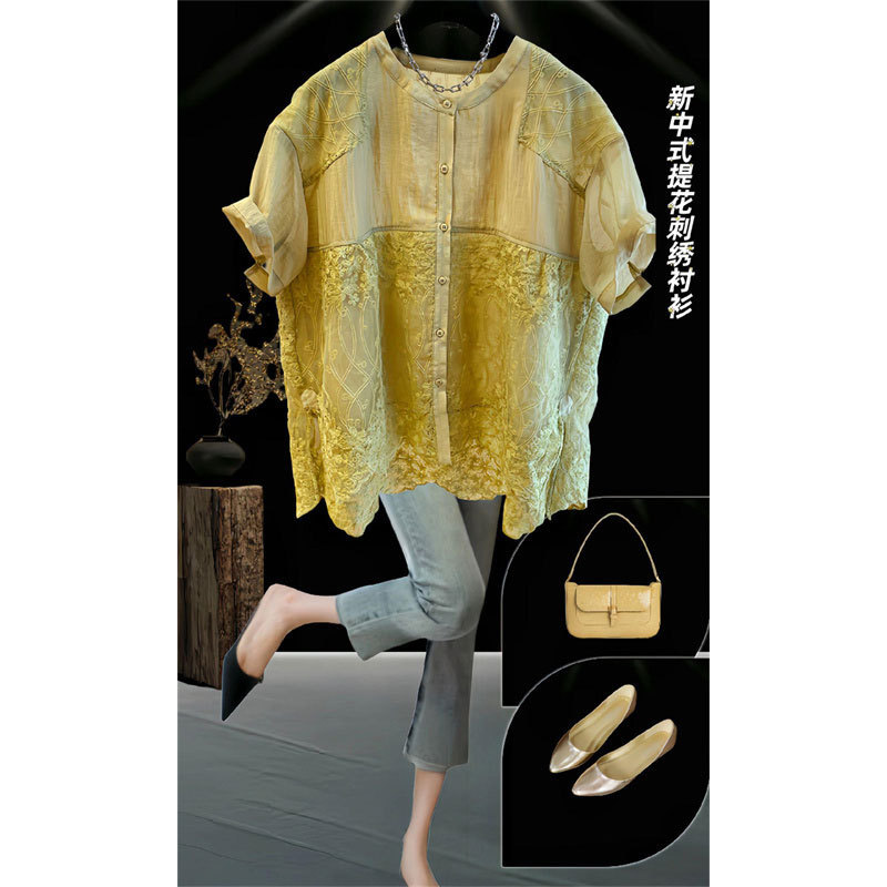 Summer High-end Sense New Chinese Style Jacquard Embroidered Round Neck Short-sleeved Chiffon Top for Chubby Girl Loose plus size All-match